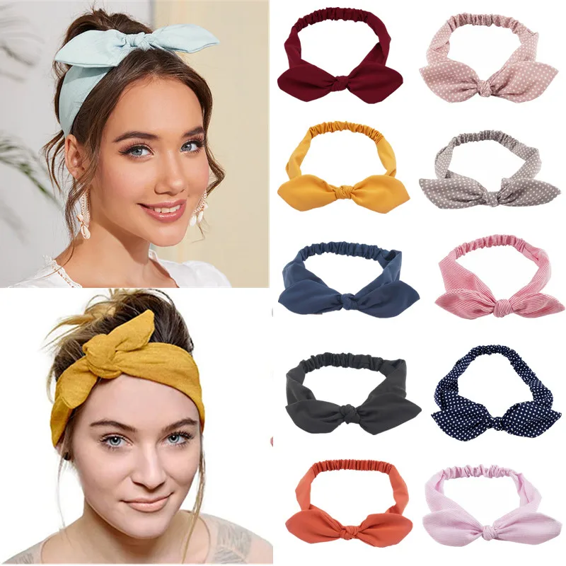 Plain Polyester Bunny Ears Headband For Women Female Elastic Bow Hairband Women's Headwear Hair Accessories повязка на голову