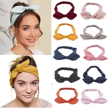 Tiara com orelhas de coelho feminina, faixa de cabelo com elástico em poliéster lisa para mulheres, acessórios de cabelo