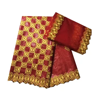 

High Quality Red&Gold Lace Fabric Embroidery Bazin Riche Getzner Beaded African Material Party Women/Men Clothes KRL-958010