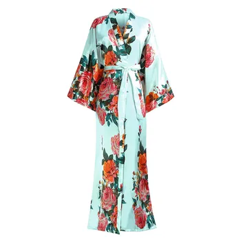 

Spring And Summer Women Casual Soft Kimono Robe Gown Elegant Long Bath Gown Nightwear Print Flower Homewear Plus Size 5XL 6XL