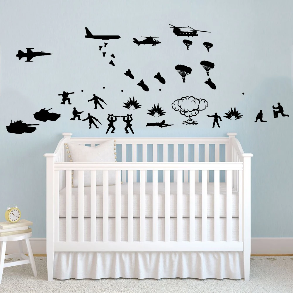 Cartoon Army Troops Helicopte Tanks Solider Wall Sticker Kids Room Baby Nursery Biplane Solider Militar Wall Decal Play Room  (2)