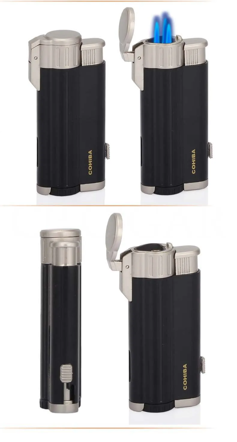 COHIBA карманные зажигалки для сигар 3 струйный фонарь ветрозащитная зажигалка бутан металлическая портативная Зажигалка для прикуривателя многоразовая W/Подарочная коробка