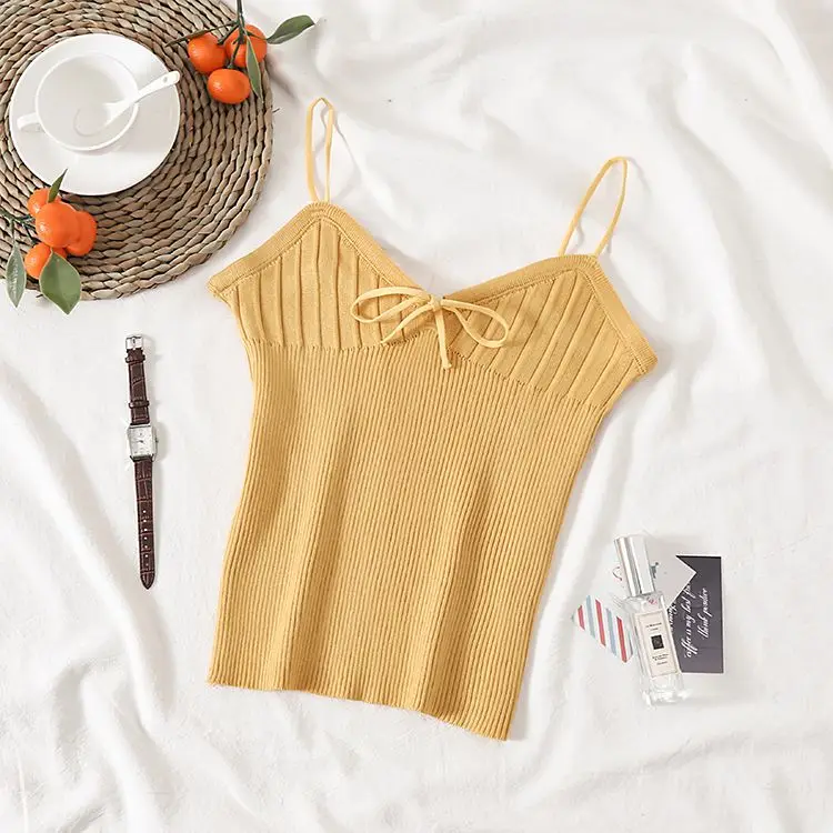 women Tanks Top Women Summer Sexy V Neck Drawstring Bow Sleeveless Solid Color Camisole Knit Vest