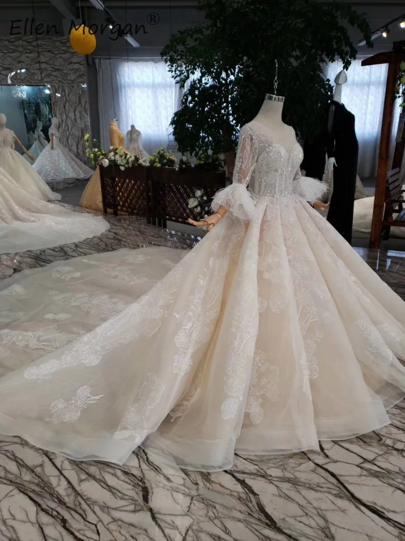 Роскошные кружевные Пышные свадебные платья Vestidos De Novia, вырез лодочкой, три четверти, перья, бусины, формальные свадебные бальные платья для женщин