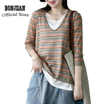 

Women Ramie Tops T Shirt Tee V Neck Big Loose Striped Retro Vintage Casual Fashion for Spring Summer AZ22131329