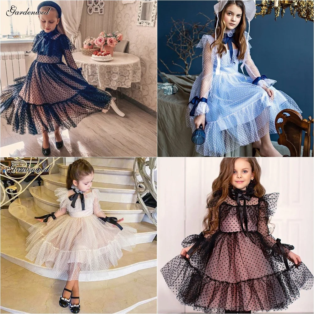 Polka-dot Tulle Flower Girl Dresses Illusion Long Sleeves Girl Wedding Party Dress Ribbons Communion Dress Birthday New Year