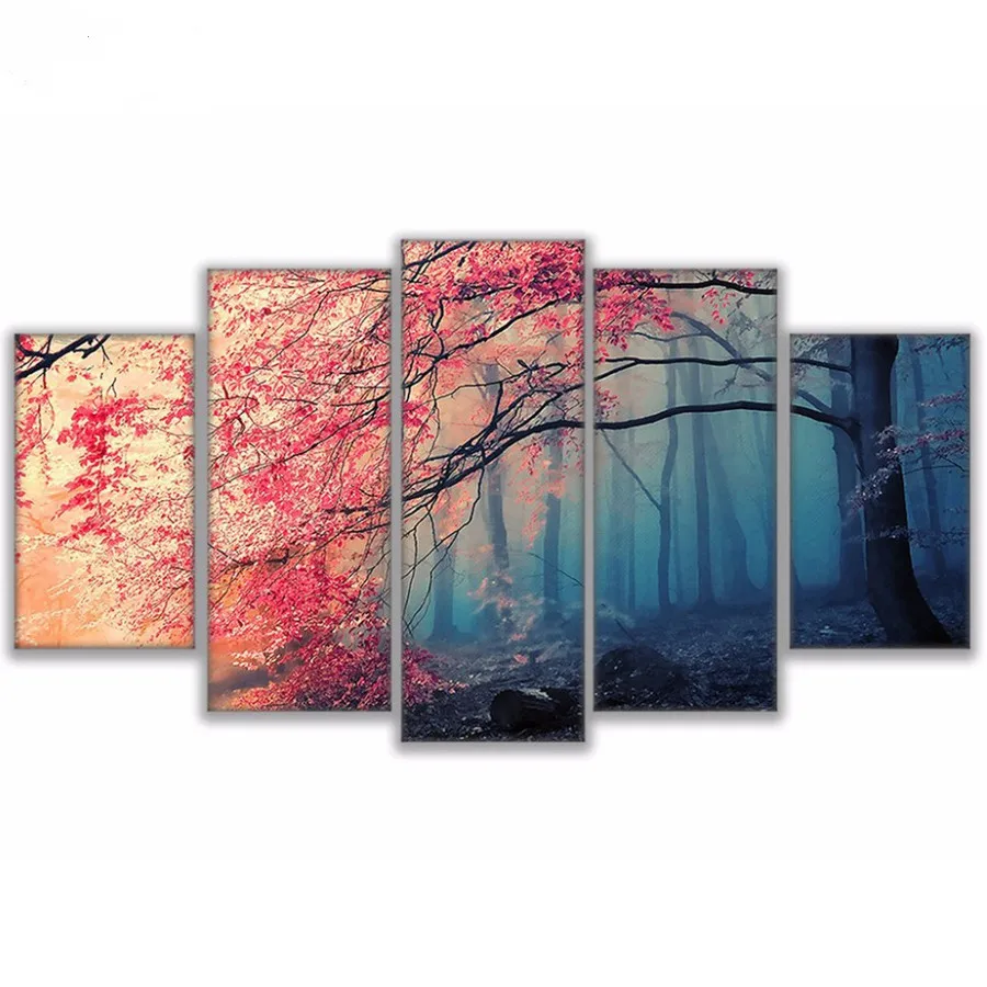 diamond Embroidery Wall Art 5d diy painting Cherry Blossoms Pictures Red Trees Forest Painting For Living Room 5 Pieces | Дом и сад