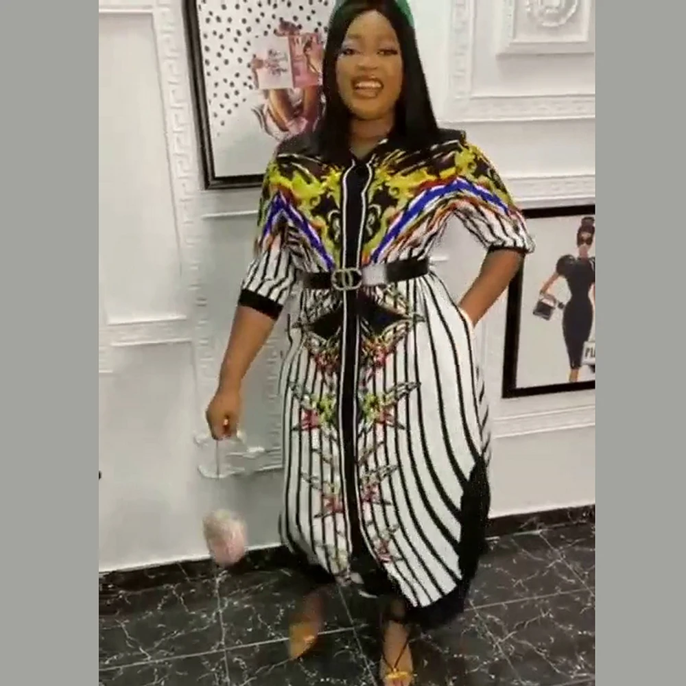 

African famous clothing robe lapel button skirt diamond-studded belt button fashion digital printing