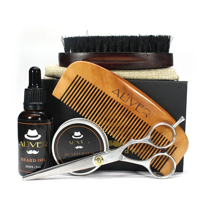 

Aliver Men Beard Care Suit Beard Oil Wax Scissors Pig Bristle Brush Modeling Tool 5 Pieces