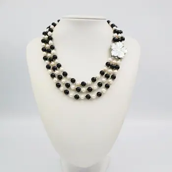 

Pretty 3 Strands 8MM Round White Freshwater Pearl Agate Bead Necklace17-19''