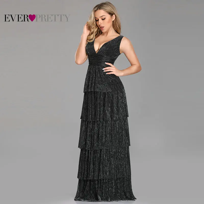 Black Prom Dress 2020 Ever Pretty EZ07766 Sexy V-neck Rufflues A-line Sleeveless Blush Pink Formal Party Gowns Robe De Soiree