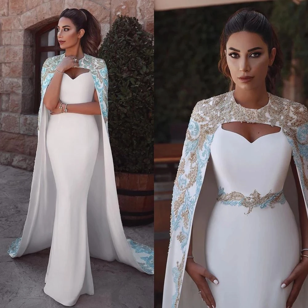 

2010 Elegant Royal White Mermaid Evening Gowns With Cloak Delicate Lace Appliques Beaded Long Formal Party Dresses Vintage Morocco Prom Gowns