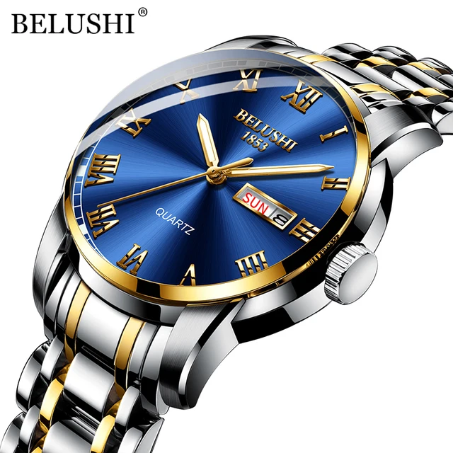 BELUSHI Top Brand Luxury Mens Watches Luminous Waterproof Stainless Steel Watch Quartz Men Date Calendar Business Wristwatch Silver Golden Blue