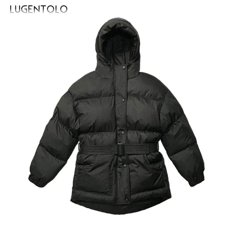 Lugentolo парка, Женское зимнее пальто, свободное, корейское, утолщенное, с капюшоном, однотонное, повседневное, простое, одежда, теплая, на молнии, модные парки
