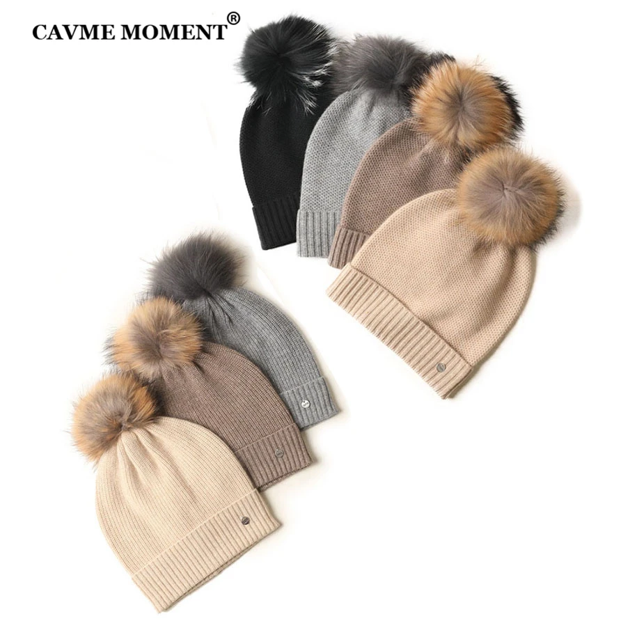 CAVME натуральным меховым помпоном головные уборы Skullies Beanies зимние кашемировые Шапки однотонные носки подходящие для детей обоих полов, Цвет из чистого кашемира Повседневное шляпа Роскошная бумажная коробка подарка, свободный размер