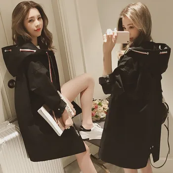 

Fashion Trench Coat Women Long Sleeve Hooded Autumn Black Zipper Velvet Long Coat Women Overcoat Clothes