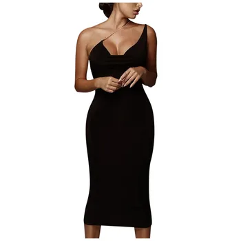

dress fashion women dress Women's Sexy Solid Color One-shoulder Chain Sling High Waist Bag Hip Party Dress платье Free Shipping