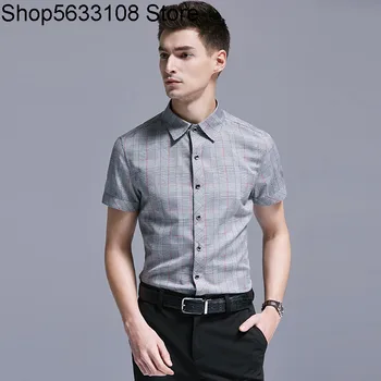 

Tide Check Pattern Short Sleeve Shirt Male Summer Free Ironing Grid Top Big Code 1127