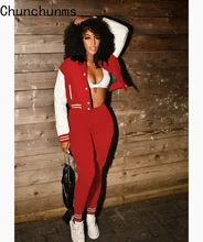 

Women Button Double-Layer Thread 2 Piece Set Sporty Patchwork Cropped Coat Pants Baseball Suit Winter Fitness Running Outfits