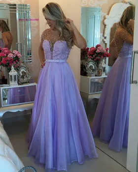 

Hot Sale Vintage Lavender Long Prom Dresses 2020 Lace Pearls Cheap Evening Party Dress Arabic Evening Gowns Short Sleeve