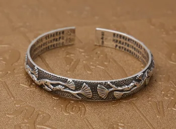 

999 Sterling Silver HEART SUTRA Mom gift Women Retro Cuff Bangle Bracelet jewelry A4645