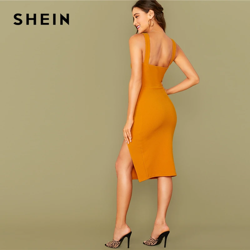 SHEIN ярко-желтый сплошной сплит подол сексуальный толстый ремень платье без пояса женщины осень без рукавов ночной выход Bodycon платья