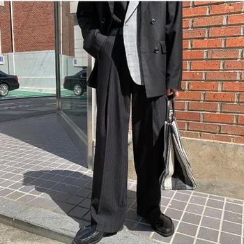 

Homens vintage listra larga perna calças masculino solto casual japão streetwear moda striaght terno calças