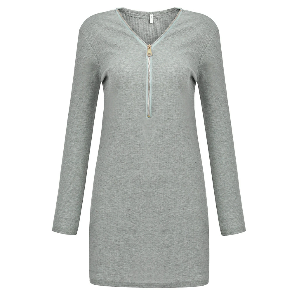 Above Knee Dress Fashion Women AutumnSexy Solid V-Neck Dresses Long Zipper Long Sleeve Tight Winter Mini Dress Girl Ladies 729