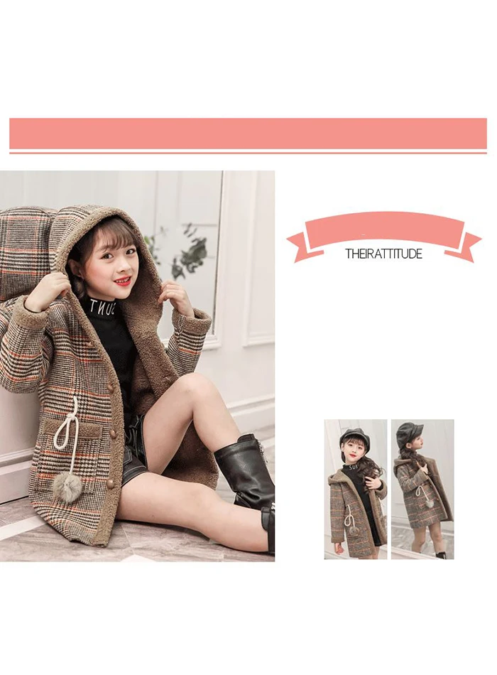 Girls winter plus velvet thickened long tartan coat in the big boy foreign fashion hooded woolen coat jacket