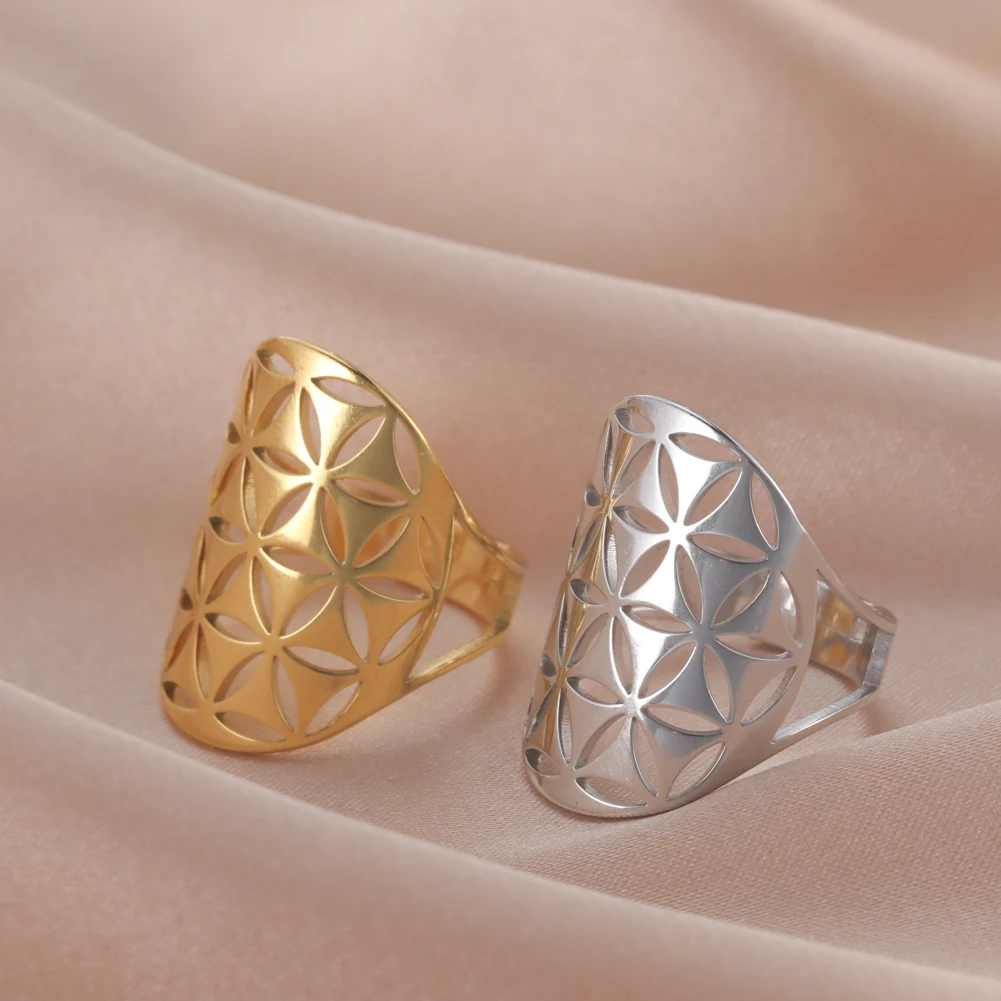 Flower of Life Seed of Life Hollow Adjustable Ring Stainless Steel Jewelry Gift Anniversary stainless steel ring adjustable rings