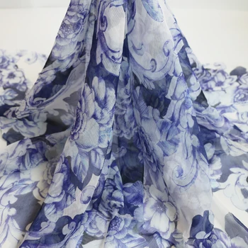 

50cm*125cm Peony Floral Pure Silk Crinkled Fabric Thin Chiffon Crepe Gauze Purple