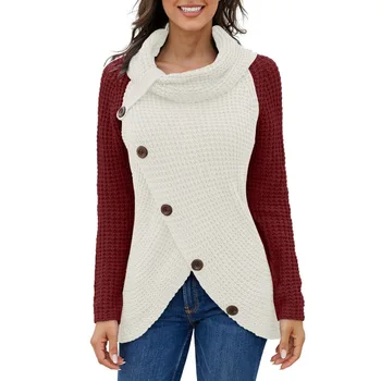 

Woman Sweater Female Autumn Winter Casual Fashion Turtelneck Color Splice Full Sleeve Button Decoration Asymmetrical Pullover