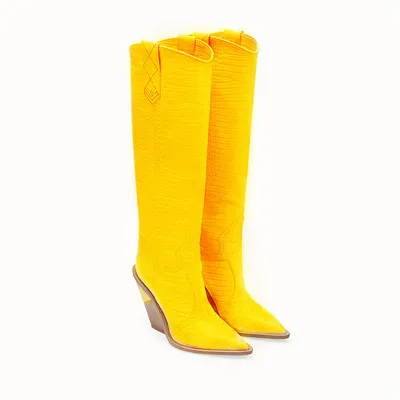 Women Pointed Toe Leather Mid-calf Boots High Quality Boots for Women Cowgirl wedges Motorcycle Boots Women Long Winter Boots - Цвет: yellow long