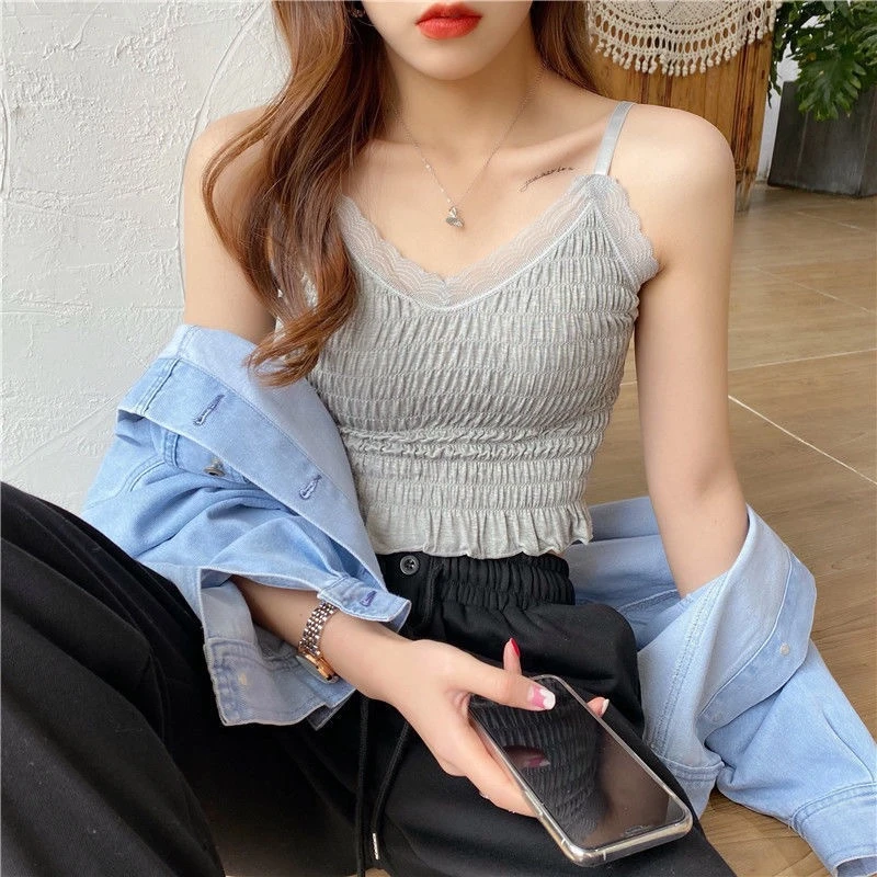 golondrina Confrontar su Top con tirantes de tela vaquera para mujer, Top con Sujetador de encaje de  belleza, camisola, Tops ajustados sin mangas, color gris, Corea,  Japón|Camisones| - AliExpress