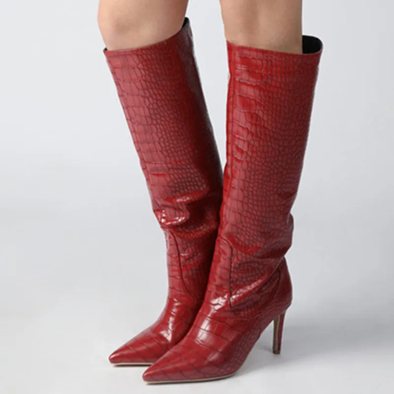 Sexy Slim High Heel Boots Quality Brand Designer Stiletto Heel Botas Mujer Pointed Toe Embossed Female Knww High Boots Plus Size