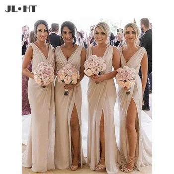 

2019 A-Line Chiffon Bridesmaid Dresses Long Pleat V-Neck Front Slit Tank Maid of Honor Wedding Party Dress Bridesmaid Dress