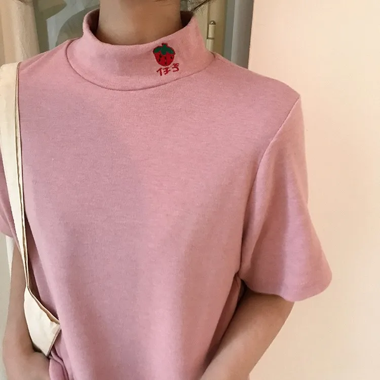 

Summer Women Korean Cute Embroidery T Shirt Short Sleeve Solid Fruits Printed Tees Character Kawaii Turtleneck Loose T Shirt