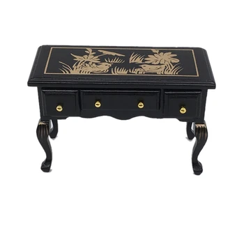 

1:12 Mini Furniture Black Desk Toy Model Retro Nostalgic Painted Flower Writing Desk Model