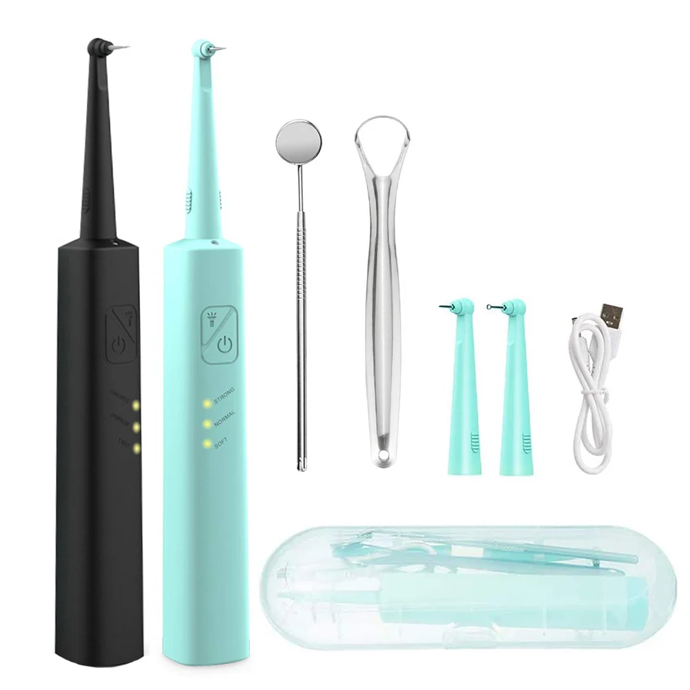 

Electric Dental Calculus Stain Polisher Plaque Remover Tool Vibration Tooth Scraper Tartar Removal Cleaner with 2 Matte Head