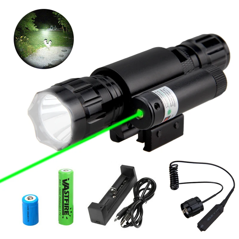 5000LM XM-L T6 Q5 Tactical Hunting Flashlight Weapon Gun Light+Green Laser Dot Sight+Rifle Scope Mount+Switch+18650+CR2+Charger