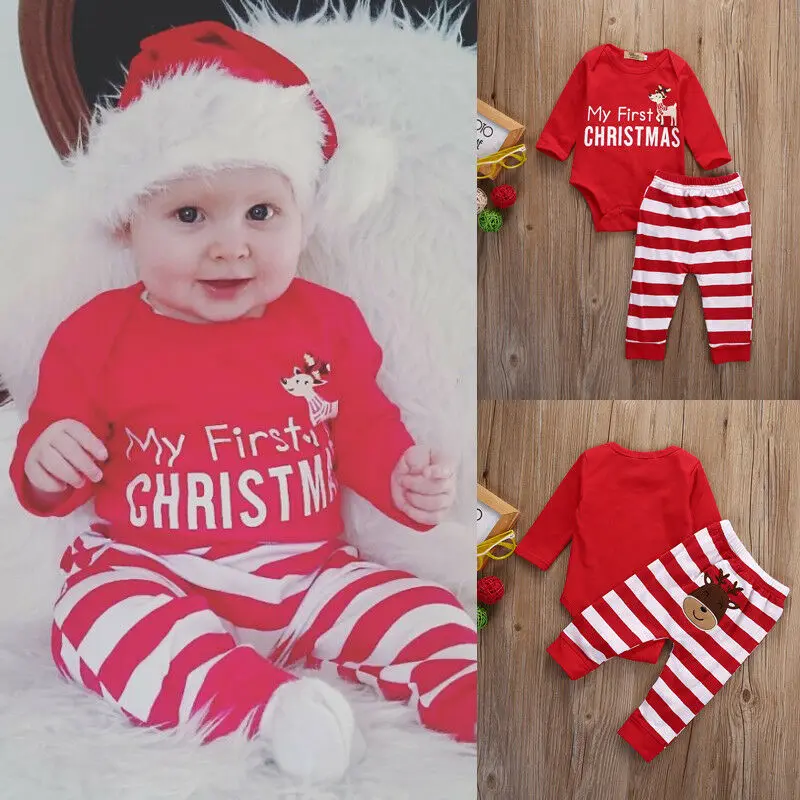Emmababy; Рождественская Одежда для маленьких мальчиков и девочек; комплект из 2 предметов; Детский комбинезон с надписью «My First Christmas»+ штаны в полоску; одежда