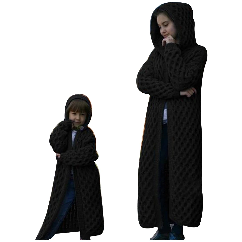 Одинаковые комплекты для семьи, вязаная куртка, пальто с капюшоном для мамы и дочки, осенне-зимний однотонный кардиган для мамы и дочки, длинный свитер
