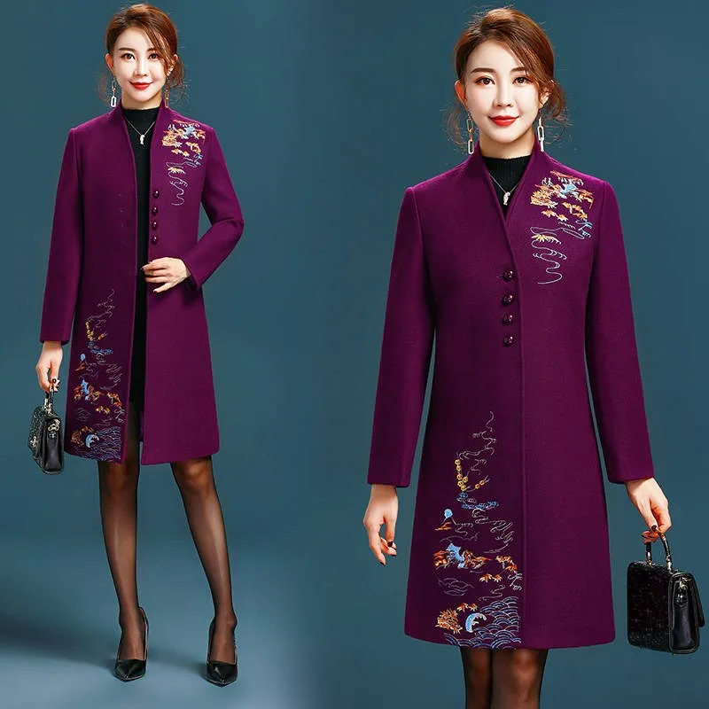 

2019 Winter Fall Vintage Woman Embroidery Purple Red Slim Stand Collar Woolen Coat , 4xl Embroideried Wool Long Coats for Women