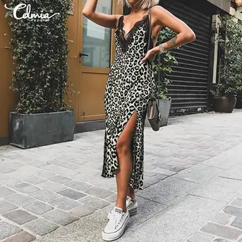 

High Split Dress Celmia Plus Size Summer Leopard Print Midi Dress Women Sexy Sleeveless Straps Lace Sexy V-Neck Vestidos S-5XL