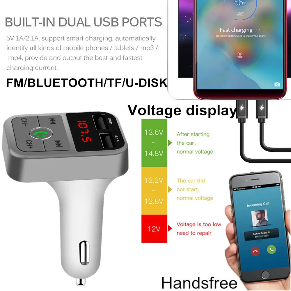 Дисплей напряжения FM двойной зарядное устройство USB Bluetooth цифровой светодиодный дисплей громкой связи телефон зарядный адаптер TF U диск музыка для iPhone
