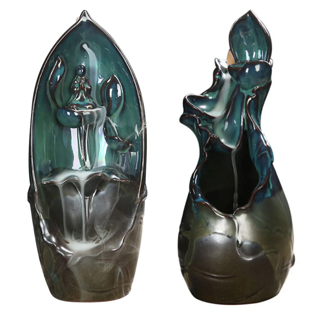 

Ceramic Backflow Incense Burner Lotus Shape Waterfall Eco-friendly Handmake Incense Holder for Desktop Incense Home Decoration
