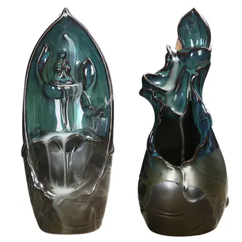 

Ceramic Backflow Incense Burner Lotus Shape Waterfall Eco-friendly Handmake Incense Holder for Desktop Incense Home Decoration
