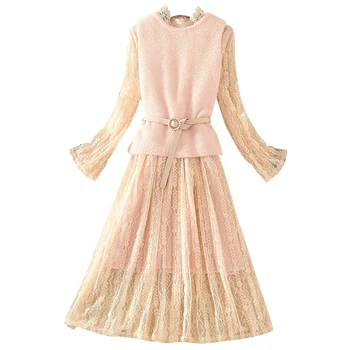 

2020 New Korean Wild Two piece Lace Long Sleeve Dress winter vintage ropa mujer