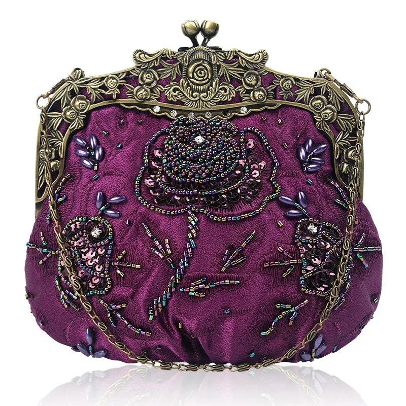 Purple Женские антикварные вечерние клатчи с бисером, Винтажная сумочка с розами, вечерняя сумочка - Цвет: Purple