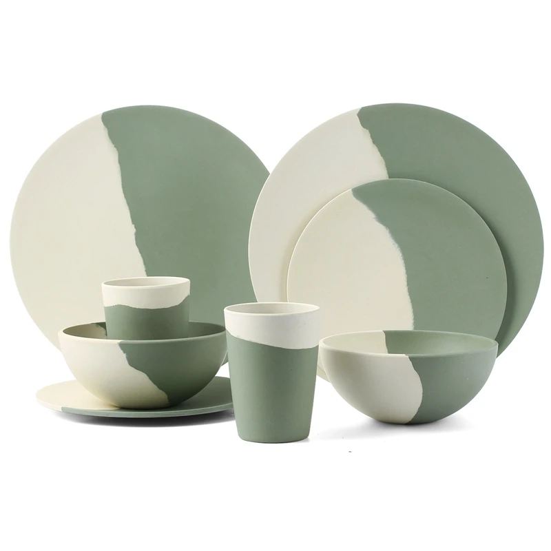 Eco Friendly Bamboo Fiber Tableware Set Lightweight Bamboo Plates Dinnerware Plate Bowl Cup Set for Party Camping Mother's Day